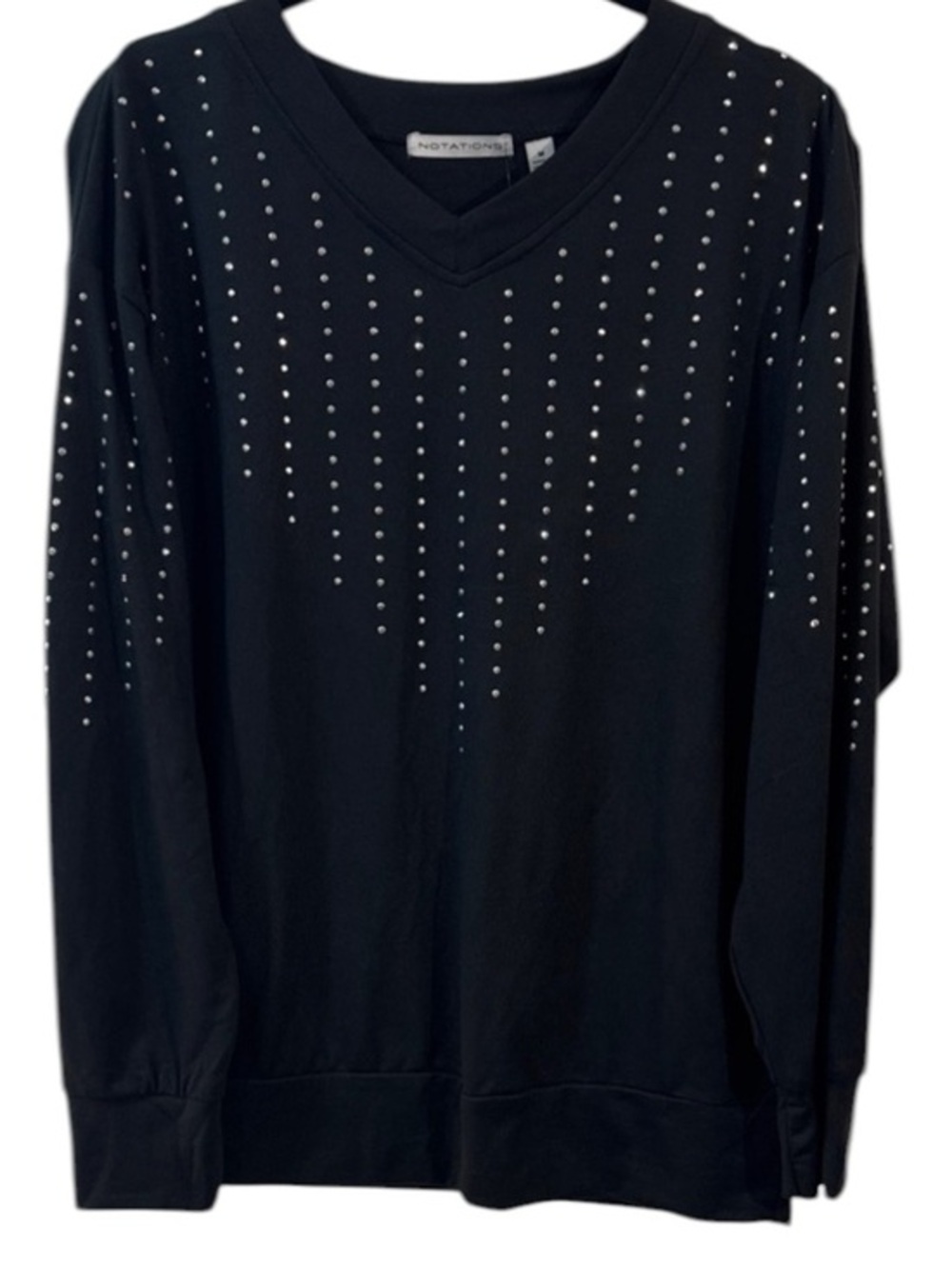 Notations Women’s Black V-Neck Studded Pullover Sweater Top Size M